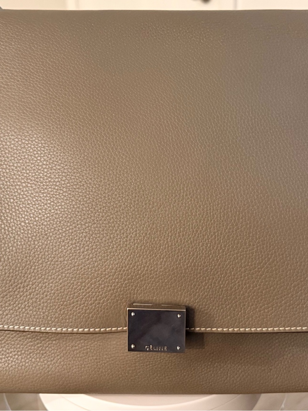 Celine Taupe Pebbled Leather Satchel with Metal Plaque